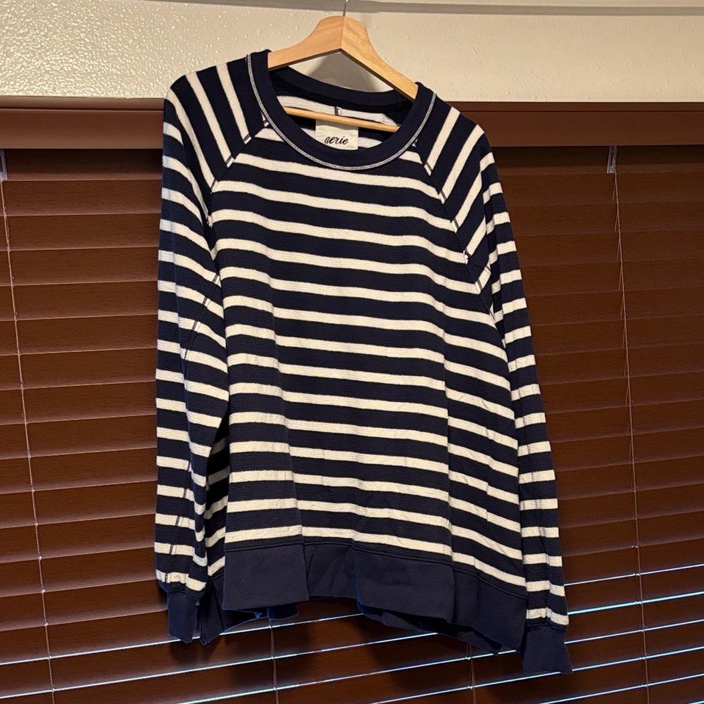 Aerie Navy and White Striped Crewneck Sweater